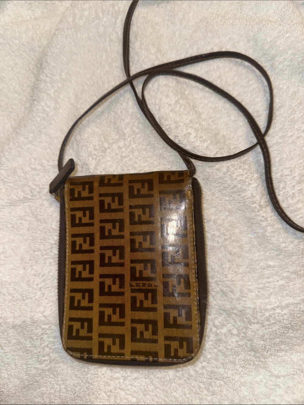 Fendi Dark Brown Leather Zip Wallet Crossbody